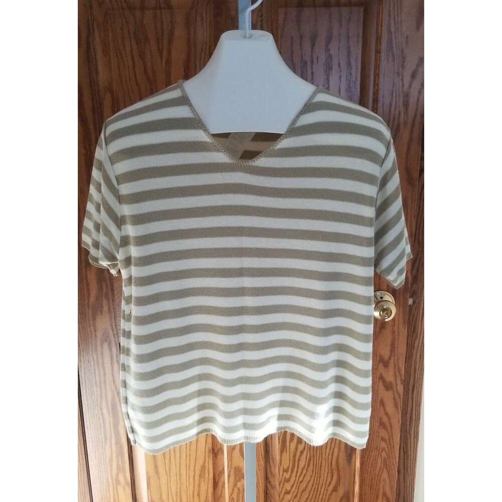 Sag Harbor Sweater Short Sleeve V Neck Tan White Stripe L Large Womens Career